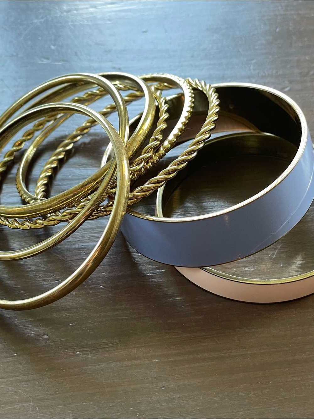 J Crew Gold Tone Bracelet Stack w/ Periwinkle and Blush Pink Enameled Bracelets - Picture 4 of 9